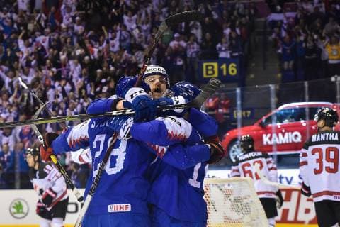 (190514) -- KOSICE, May 14, 2019 -- Players of Slovakia celebrate after scoring during the 2019 IIHF Ice hockey Eishockey World Championship WM Weltmeisterschaft group A game between Slovakia and Canada at Steel Arena in Kosice, Slovakia, May 13, 2019. Canada won 6-5. ) (SP)SLOVAKIA-KOSICE-ICE HOCKEY-IIHF-WORLD CHAMPIONSHIP-GROUP A-CAN VS SVK LukaszxLaskowski 