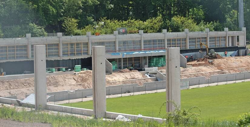 14 05 2019, xmohx, Fussball Regionalliga Suedwest, 1 FC Saarbruecken Stadionumbau Ludwigspark emspor, v l View of the new main stand with the players tunnel and the new functional building with the booths etc DFL DFB REGULATIONS PROHIBIT ANY USE OF PHOTOGRAPHS as IMAGE SEQUENCES and or QUASI VIDEO Saarbruecken