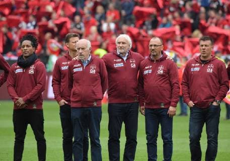 11 05 2019, Soccer GER, Season 2018 2019, 1 Bundesliga, 33 Spieltag, Bayer 04 Leverkusen FC Schalke 04, 40 years Bundesliga Bayer 04 Leverkusen, v re , Bernd Schneider, Andreas Thom Sports Director Rudi Voeller, Rudi Völler Bayer 04 Leverkusen , Physiotherapist Dieter Trzolek, Christian Woerns DFL REGULATIONS PROHIBIT ANY USE OF PHOTOGRAPHS AS IMAGE SEQUENCES AND OR QUASI VIDEO Team2