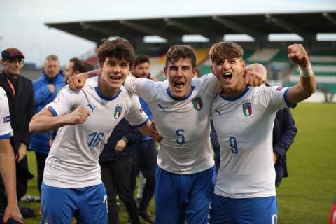 France v Italy UEFA EURO, EM, Europameisterschaft,Fussball U17, U 17 Championship Niccolo Squizzato, Lorenzo Moretti and Lorenzo Colombo of Italy celebrate during the UEFA Euro U17 Championship match at Tallaght Stadium, Tallaght Content Not Available For UK Newspapers Copyright: xYannisxHalasx FIL-13263-0038