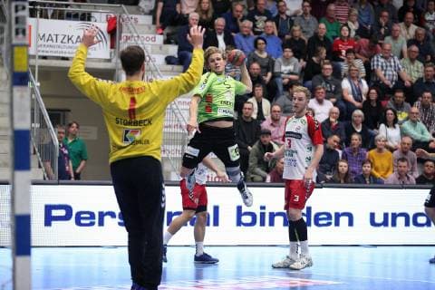 Marten Franke TV Emsdetten 5 past Fabian Huesmann ASV Hamm Westfalen 3 right against Felix Storbeck ASV Hamm Westfalen 1 front , ASV Hamm Westfalen vs TV Emsdetten, Handball, 2 Bundesliga, 17 05 2019, ASV Hamm Westfalen vs TV Emsdetten, Handball, 2 Bundesliga, 17 05 2019 Hamm Copyright: xEIBNER JanxStrohdiekx EP_JSK