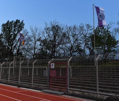 Soccer, men, season 2018 2019, NOFV Oberliga Nord 25 matchday , Tennis Borussia Brandenburger SC Süd 05 4 0 , empty back straight with club flag and rainbow flag with logo of TeBe, 26 04 2019, Copyright: xMatthiasxKochx