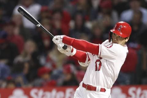 May 17, 2019: Los Angeles Angels designated hitter Shohei Ohtani (17) eyes his liner to short during the game between the Kansas City Royals and the Los Angeles Angels of Anaheim at Angel Stadium in Anaheim, CA, ( , Cal Media) MLB, Baseball Herren, USA 2019: Royals vs Angels MAY 17 - ZUMAc04_ 20190517_zaf_c04_072 Copyright: xPeterxJoneleitx