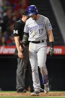 May 17, 2019: Kansas City Royals third baseman Hunter Dozier (17) blows a strikeout bubble Los Angeles Angels of Anaheim at Angel Stadium in Anaheim, CA, ( , Cal Media) MLB, Baseball Herren, USA 2019: Royals vs Angels MAY 17 - ZUMAc04_ 20190517_zaf_c04_079 Copyright: xPeterxJoneleitx