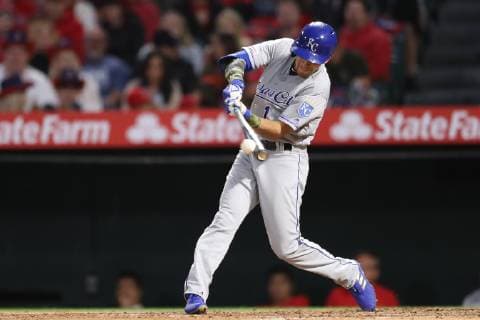 May 17, 2019: Kansas City Royals second baseman Nicky Lopez (1) makes contact at the plate during the game between the Kansas City Royals and the Los Angeles Angels of Anaheim at Angel Stadium in Anaheim, CA, ( , Cal Media) MLB, Baseball Herren, USA 2019: Royals vs Angels MAY 17 - ZUMAc04_ 20190517_zaf_c04_071 Copyright: xPeterxJoneleitx