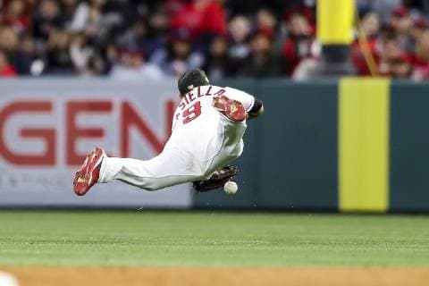 May 17, 2019: Los Angeles Angels third baseman Tommy La Stella (9) makes a diving attempt but can t catch the ball to shallow right during the game between the Kansas City Royals and the Los Angeles Angels of Anaheim at Angel Stadium in Anaheim, CA, ( , Cal Media) MLB, Baseball Herren, USA 2019: Royals vs Angels MAY 17 - ZUMAc04_ 20190517_zaf_c04_070 Copyright: xPeterxJoneleitx
