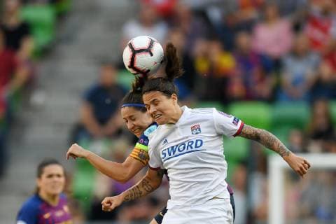 (L-R) Maria Victoria Losado Gomez ( Vicky Losado )of FC Barcelona, Barca women, Dzsenifer Marozsan of Olympique Lyonnais women during the UEFA Women s Champions League final match between Olympique Lyonnais women v FC Barcelona women on May 18, 2018 at Ferencvaros Stadium in Budapest, Hungary UEFA Women s Champions League 2018 2019 xVIxVIxImagesx xGerritxvanxKeulenxIVx 14495106