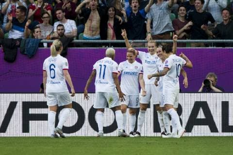 18th May 2019, Groupama Arena, Budapest, Hungary; UEFA Womens Champions League Final, Lyon versus Barcelona; Ada Hegerberg of Lyon celebrates scoring her goal for 4-0 in 30th minute with Shanice Van De Sanden of Lyon, Eugenie Le Sommer of Lyon, Amandine Henry of Lyon and Dzsenifer Marozsan of Lyon  ActionPlus12135728 NikolaxKrstic