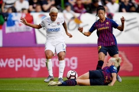 (L-R) Shanice van de Sanden of Olympique Lyonnais women, Maria Pilar Leon Cebrain ( Mapi Leon ) of FC Barcelona, Barca women during the UEFA Women s Champions League final match between Olympique Lyonnais women v FC Barcelona women on May 18, 2018 at Ferencvaros Stadium in Budapest, Hungary UEFA Women s Champions League 2018 2019 xVIxVIxImagesx xGerritxvanxKeulenxIVx 14496288