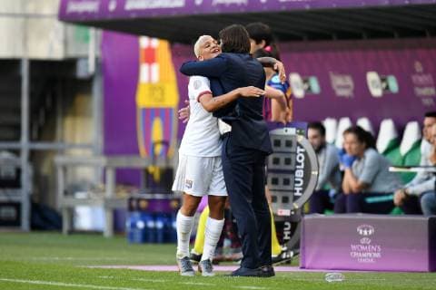 (L-R) Shanice van de Sanden of Olympique Lyonnais women, coach Reynald Pedros of Olympique Lyonnais women during the UEFA Women s Champions League final match between Olympique Lyonnais women v FC Barcelona, Barca women on May 18, 2018 at Ferencvaros Stadium in Budapest, Hungary UEFA Women s Champions League 2018 2019 xVIxVIxImagesx xGerritxvanxKeulenxIVx 14496289