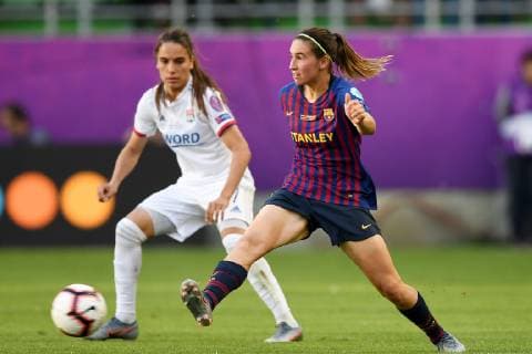 (L-R) Amel Majri of Olympique Lyonnais women, Maria Francesca Caldentey Oliver ( Mariona ) of FC Barcelona, Barca women during the UEFA Women s Champions League final match between Olympique Lyonnais women v FC Barcelona women on May 18, 2018 at Ferencvaros Stadium in Budapest, Hungary UEFA Women s Champions League 2018 2019 xVIxVIxImagesx xGerritxvanxKeulenxIVx 14496291