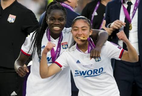 18th May 2019, Groupama Arena, Budapest, Hungary; UEFA Womens Champions League Final, Lyon versus Barcelona; Griedge M Bock Bathy of Lyon and Selma Bacha of Lyon celebrate their victory  ActionPlus12135798 NikolaxKrstic