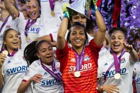 18th May 2019, Groupama Arena, Budapest, Hungary; UEFA Womens Champions League Final, Lyon versus Barcelona; Goalkeeper Sarah Bouhaddi and the players of Lyon celebrate their victory  ActionPlus12135799 NikolaxKrstic