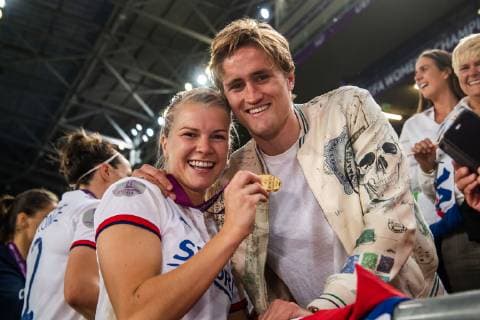 190518 Ada Hegerberg of Lyon celebrate with her boyfriend Thomas Rogne after the UEFA Women s Champions League final match between Lyon and Barcelona on May 18, 2019 in Budapest Photo Jon Olav Nesvold BILDBYRAN kod JE 160443,  Copyright: JONxOLAVxNESVOLD BB190518JE084