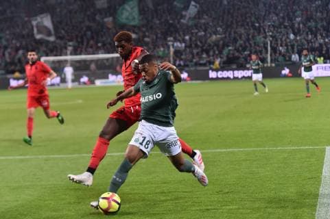 Arnaud Nordin (saint etienne) vs Malang Sarr (nice) FOOTBALL : Saint Etienne vs Nice - Ligue 1 Conforama - 18 05 2019 FredericChambert Panoramic 