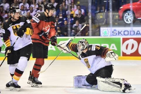 (190519) -- KOSICE, May 19, 2019 -- Niklas Treutle (R), goalie of Germany stops a shot from Dylan Strome (C) of Canada during the 2019 IIHF Ice hockey, Eishockey World Championship, WM, Weltmeisterschaft Slovakia group A game between Canada and Germany at Steel Arena on May 18, 2019 in Kosice, Slovakia. Canada won 8-1. ) (SP)SLOVAKIA-KOSICE-ICE HOCKEY-IIHF-WORLD CHAMPIONSHIP-GROUP A-CAN VS GER LukaszxLaskowski 