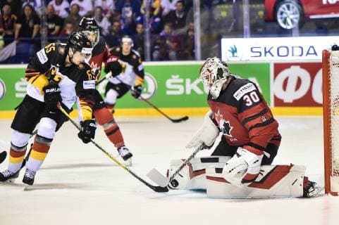 (190519) -- KOSICE, May 19, 2019 -- Matt Murray (R), goalie of Canada stops a shot from Mark Michaelis (L) of Germany during the 2019 IIHF Ice hockey, Eishockey World Championship, WM, Weltmeisterschaft Slovakia group A game between Canada and Germany at Steel Arena on May 18, 2019 in Kosice, Slovakia. Canada won 8-1. ) (SP)SLOVAKIA-KOSICE-ICE HOCKEY-IIHF-WORLD CHAMPIONSHIP-GROUP A-CAN VS GER LukaszxLaskowski 
