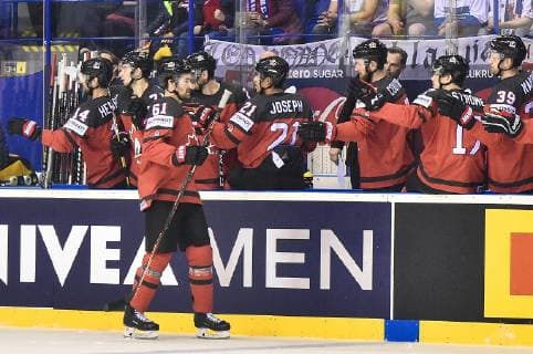 (190519) -- KOSICE, May 19, 2019 -- Mark Stone (front) of Canada celebrates scoring a goal during the 2019 IIHF Ice hockey, Eishockey World Championship, WM, Weltmeisterschaft Slovakia group A game between Canada and Germany at Steel Arena on May 18, 2019 in Kosice, Slovakia. Canada won 8-1. ) (SP)SLOVAKIA-KOSICE-ICE HOCKEY-IIHF-WORLD CHAMPIONSHIP-GROUP A-CAN VS GER LukaszxLaskowski 