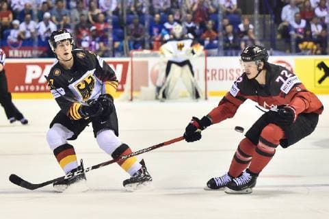 (190519) -- KOSICE, May 19, 2019 -- Thomas Chabot (R) of Canada vies with Frank Mauer of Germany during the 2019 IIHF Ice hockey, Eishockey World Championship, WM, Weltmeisterschaft Slovakia group A game between Canada and Germany at Steel Arena on May 18, 2019 in Kosice, Slovakia. Canada won 8-1. ) (SP)SLOVAKIA-KOSICE-ICE HOCKEY-IIHF-WORLD CHAMPIONSHIP-GROUP A-CAN VS GER LukaszxLaskowski 