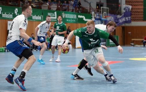 v li Kevin Roch EHV Aue , Patrick Gempp DJK Rimpar Wölfe , Petr Slachta EHV Aue , 18 05 2019, Würzburg, Germany, DKB 2 Handball Bundesliga, DJK Rimpar Wölfe EHV Aue xfskrx