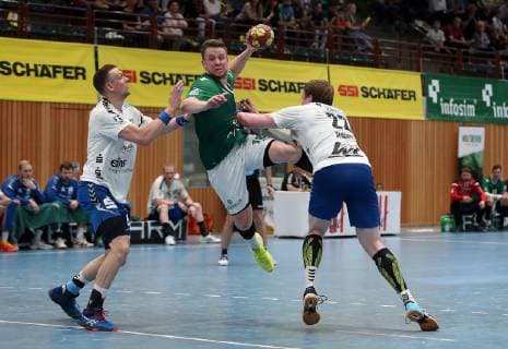 v li Kevin Roch EHV Aue , Steffen Kaufmann DJK Rimpar Wölfe , Petr Slachta EHV Aue , 18 05 2019, Würzburg, Germany, DKB 2 Handball Bundesliga, DJK Rimpar Wölfe EHV Aue xfskrx