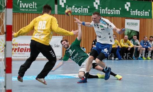 v li Erik Töpfer EHV Aue , Max Bauer DJK Rimpar Wölfe , Kevin Roch EHV Aue , 18 05 2019, Würzburg, DKB 2 Handball Bundesliga, DJK Rimpar Wölfe EHV Aue xfskrx