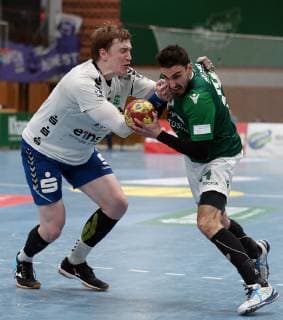 v li Petr Slachta EHV Aue , Benedikt Brielmeier DJK Rimpar Wölfe , 18 05 2019, Würzburg, DKB 2 Handball Bundesliga, DJK Rimpar Wölfe EHV Aue xfskrx