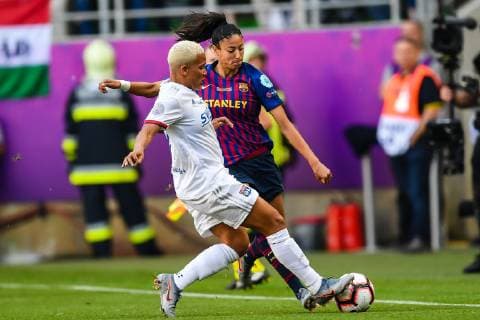 (L-R) Shanice van de Sanden of Olympique Lyonnais women, Leila Ouahabi El Ouhabi of FC Barcelona, Barca women during the UEFA Women s Champions League final match between Olympique Lyonnais women v FC Barcelona women on May 18, 2018 at Ferencvaros Stadium in Budapest, Hungary UEFA Women s Champions League 2018 2019 xVIxVIxImagesx xGerritxvanxKeulenxIVx 14507725