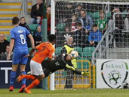 19th May 2019, Tallaght Stadium, Dublin, Ireland; UEFA Under 17 European Football Championships Final, Netherlands versus Italy; The shot is pushed out by keeper Marco Molla of Italy to Sontje Hansen of Netherlands who scores the opening goal 1 - 0  ActionPlus12136165 PeterxFitzpatrick