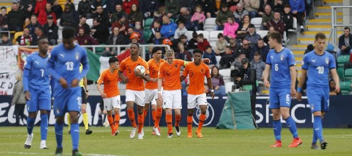 19th May 2019, Tallaght Stadium, Dublin, Ireland; UEFA Under 17 European Football Championships Final, Netherlands versus Italy; Netherlands celebrates scoring a second goal from Naoufal Bannis of Netherlands  ActionPlus12136171 PeterxFitzpatrick