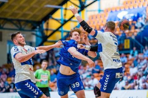 vlr Daniel Zele 28 Dessau Rosslauer HV 06 , Lukas Stutzke 39 TSV Bayer Dormagen , Libor Hanisch 7 Dessau Rosslauer HV 06 during the match in the Handball 2 Bundesliga Men Season 2018 2019 between Dessau Rosslauer HV 06 and TSV Bayer Dormagen in the Anhalt Arena on 19 May 2019 in Dessau Rosslau, Saxony Anhalt, Germany