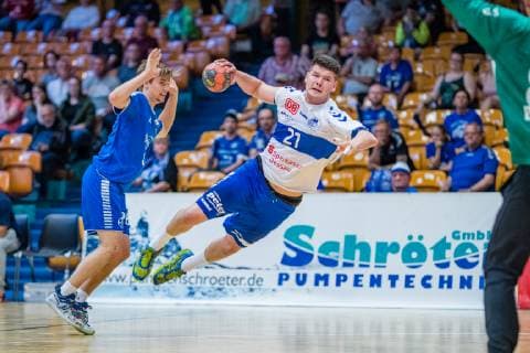 Philip Jungemann 21 Dessau Rosslauer HV 06 , Joshua Reiland 3 TSV Bayer Dormagen during the match in Handball 2 Bundesliga Men Season 2018 2019 between Dessau Rosslauer HV 06 and TSV Bayer Dormagen in the Anhalt Arena on 19 May 2019 in Dessau Rosslau, Saxony Anhalt, Germany