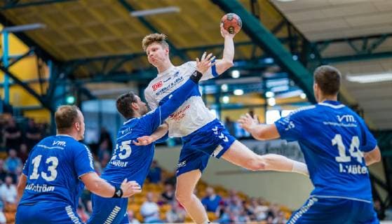 Johannes Wasielewskie 18 Dessau Rosslauer HV 06 , Patrick Hüter 25 TSV Bayer Dormagen , Carl Löfström 13 TSV Bayer Dormagen , Jan Hüter 14 TSV Bayer Dormagen during the match in the Handball 2 Bundesliga Mens 2018 2019 season between Dessau Rosslauer HV 06 and TSV Bayer Dormagen in the Anhalt Arena on 19 May 2019 in Dessau Rosslau, Saxony Anhalt, Germany