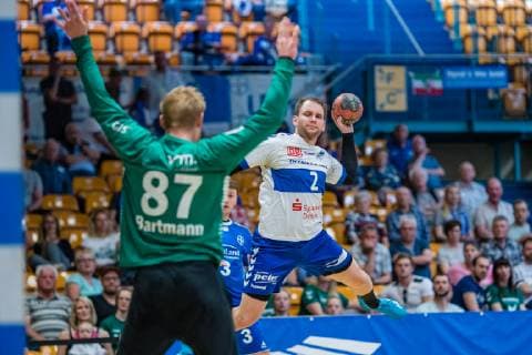 Thomas Pavlicek 2 Dessau Rosslauer HV 06 , Sven Bartmann 87 TSV Bayer Dormagen during the match in Handball 2 Bundesliga Men Season 2018 2019 between Dessau Rosslauer HV 06 and TSV Bayer Dormagen in the Anhalt Arena on 19 May 2019 in Dessau Rosslau, Saxony Anhalt, Germany