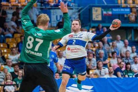 Thomas Pavlicek 2 Dessau Rosslauer HV 06 , Sven Bartmann 87 TSV Bayer Dormagen during the match in Handball 2 Bundesliga Men Season 2018 2019 between Dessau Rosslauer HV 06 and TSV Bayer Dormagen in the Anhalt Arena on 19 May 2019 in Dessau Rosslau, Saxony Anhalt, Germany