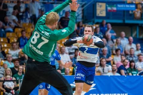 Thomas Pavlicek 2 Dessau Rosslauer HV 06 , Sven Bartmann 87 TSV Bayer Dormagen during the match in Handball 2 Bundesliga Men Season 2018 2019 between Dessau Rosslauer HV 06 and TSV Bayer Dormagen in the Anhalt Arena on 19 May 2019 in Dessau Rosslau, Saxony Anhalt, Germany