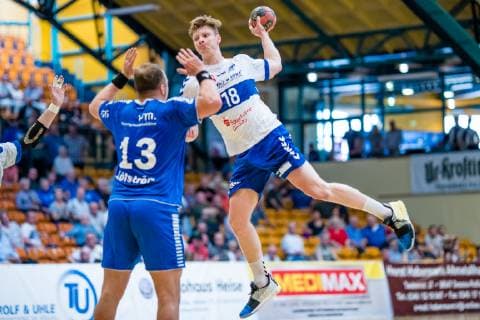 Johannes Wasielewskie 18 Dessau Rosslauer HV 06 , Carl Löfström 13 TSV Bayer Dormagen during the match in Handball 2 Bundesliga Men Season 2018 2019 between Dessau Rosslauer HV 06 and TSV Bayer Dormagen in the Anhalt Arena on 19 May 2019 in Dessau Rosslau, Saxony Anhalt, Germany