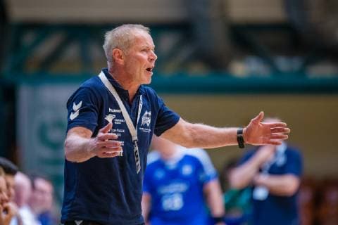 Coach Uwe Jungandreas Dessau Rosslauer HV 06 during the match in the Handball 2 Bundesliga Men Season 2018 2019 between Dessau Rosslauer HV 06 and TSV Bayer Dormagen in the Anhalt Arena on 19 May 2019 in Dessau Rosslau, Saxony Anhalt, Germany
