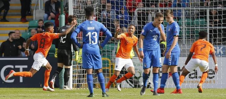 19th May 2019, Tallaght Stadium, Dublin, Ireland; UEFA Under 17 European Football Championships Final, Netherlands versus Italy; Ian Maatsen of Netherlands celebrates scoring his side third goal for 3 - 0  ActionPlus12136202 PeterxFitzpatrick