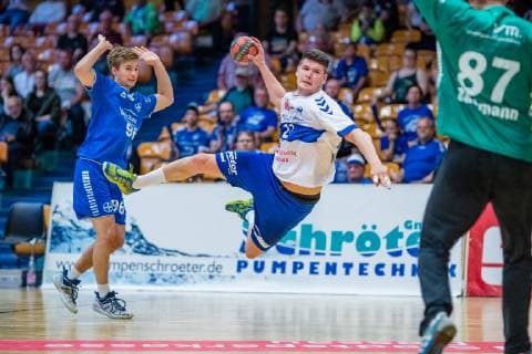 Philip Jungemann 21 Dessau Rosslauer HV 06 during the match in Handball 2 Bundesliga Men Season 2018 2019 between Dessau Rosslauer HV 06 and TSV Bayer Dormagen in the Anhalt Arena on 19 May 2019 in Dessau Rosslau, Saxony Anhalt, Germany