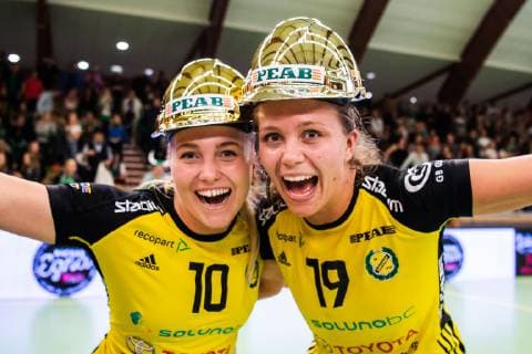 190519 Sävehofs Hanna Örtorp and Olivia Mellegard rejoice after final 3 in SHE between Skuru and Sävehof on May 19, 2019 in Stockholm,  Copyright: JESPERxZERMAN BB190519JZ041