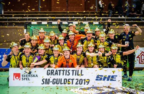190519 Sävehofs players cheer with the trophy after final 3 in SHE between Skuru and Sävehof on May 19, 2019 in Stockholm,  Copyright: JESPERxZERMAN BB190519JZ048