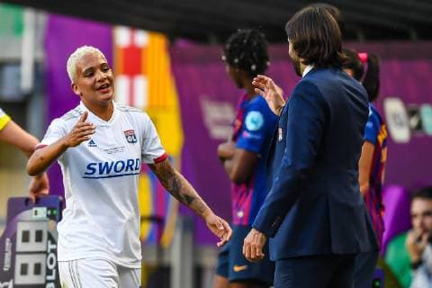 (L-R) Shanice van de Sanden of Olympique Lyonnais women, coach Reynald Pedros of Olympique Lyonnais women during the UEFA Women s Champions League final match between Olympique Lyonnais women v FC Barcelona, Barca women on May 18, 2018 at Ferencvaros Stadium in Budapest, Hungary UEFA Women s Champions League 2018 2019 xVIxVIxImagesx xGerritxvanxKeulenxIVx 14518156