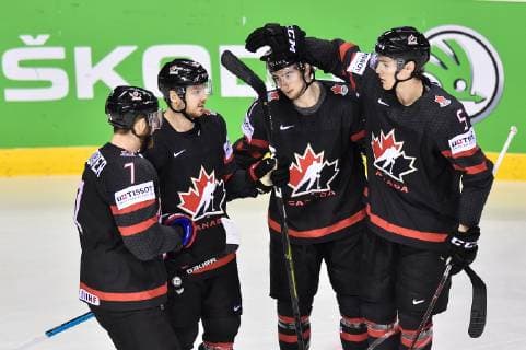 (190521) -- KOSICE, May 21, 2019 -- Players of Canada celebrate a goal during the 2019 IIHF Ice hockey, Eishockey World Championship, WM, Weltmeisterschaft Slovakia group A game between Canada and Denmark at Steel Arena in Kosice, Slovakia, on May 20, 2019. Canada won 5-0. ) (SP)SLOVAKIA-KOSICE-ICE HOCKEY-IIHF-WORLD CHAMPIONSHIP-GROUP A-CAN-DEN LukaszxLaskowski 