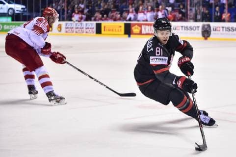 (190521) -- KOSICE, May 21, 2019 -- Jonathan Marchessault (R) of Canada controls the puck during the 2019 IIHF Ice hockey, Eishockey World Championship, WM, Weltmeisterschaft Slovakia group A game between Canada and Denmark at Steel Arena in Kosice, Slovakia, on May 20, 2019. Canada won 5-0. ) (SP)SLOVAKIA-KOSICE-ICE HOCKEY-IIHF-WORLD CHAMPIONSHIP-GROUP A-CAN-DEN LukaszxLaskowski 