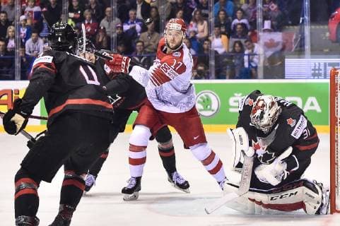 (190521) -- KOSICE, May 21, 2019 -- Nicklas Jensen (2nd R) of Denmark looks at the flying puck during the 2019 IIHF Ice hockey, Eishockey World Championship, WM, Weltmeisterschaft Slovakia group A game between Canada and Denmark at Steel Arena in Kosice, Slovakia, on May 20, 2019. Canada won 5-0. ) (SP)SLOVAKIA-KOSICE-ICE HOCKEY-IIHF-WORLD CHAMPIONSHIP-GROUP A-CAN-DEN LukaszxLaskowski 
