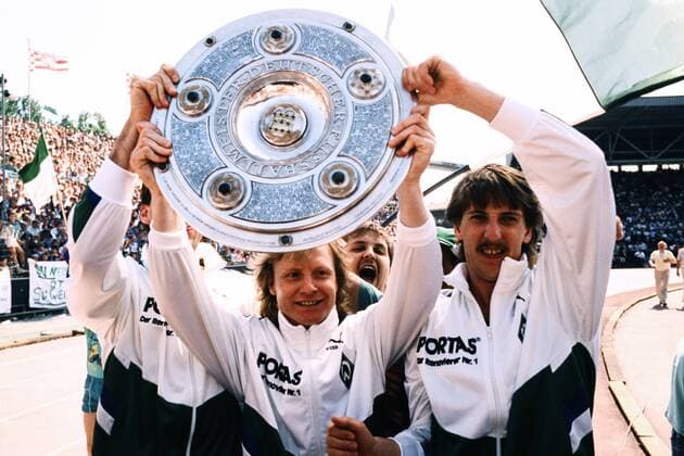 BURGSMUELLER Manfred Team Werder Bremen with the championship soccer Bundesliga season 1987 1988 match Werder Bremen HSV on 14 05 1988 in Bremen