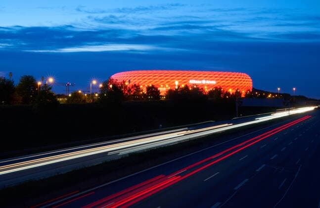 Allianz Arena Stadium, football stadium, exterior view, architecture, exterior, arena, light, light mood, evening mood, overview, long shot, night shot, evening sky, night sky, FC BAYERN MUNICH - EINTRACHT FRANKFURT 5-1 - DFL REGULATIONS PROHIBIT ANY USE OF PHOTOGRAPHS as IMAGE SEQUENCES and or QUASI-VIDEO - 1.German Soccer League , Munich, May 18, 2019 Season 2018 2019, matchday 34, FCB, München, Photographer: Peter Schatz