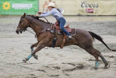 May 20, 2019 - Surrey, British Columbia, Canada - SYDNEY DAINES rides in the barrel racing competition at the Cloverdale Invitational Rodeo on May 20 2019 in Surrey, BC. The Cloverdale Invitational Rodeo 2019 - ZUMAg236 20190520_spo_g236_046 Copyright: xCaraxGrimshawx