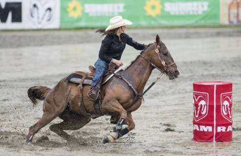 May 20, 2019 - Surrey, British Columbia, Canada - MARIAH MANNERING from Quesnel BC rides in the barrel racing competition to finish 4th with a time of 16.171 seconds at the Cloverdale Invitational Rodeo on May 20 2019 in Surrey, BC. The Cloverdale Invitational Rodeo 2019 - ZUMAg236 20190520_spo_g236_051 Copyright: xCaraxGrimshawx